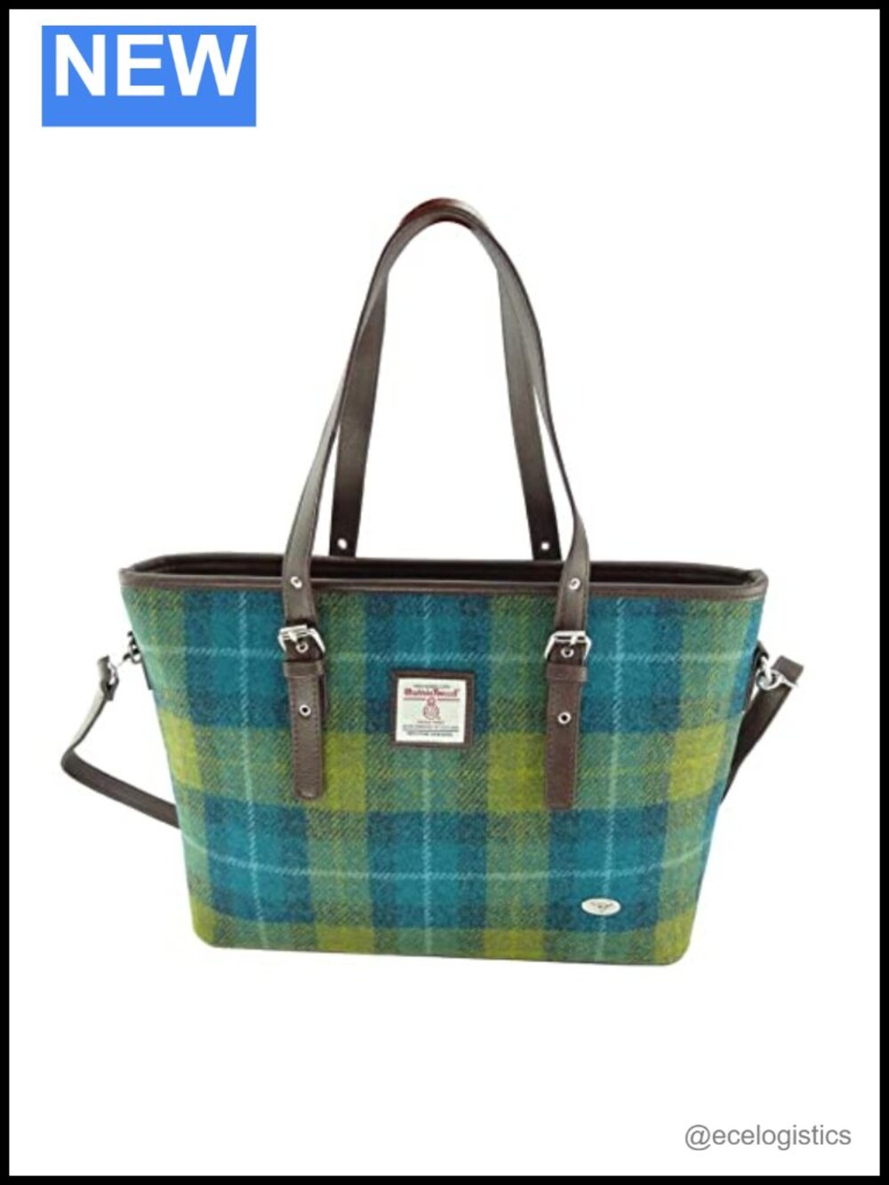Harris Tweed Wool Large Tote Bag with Zipper Pocket and Adjustable Strap